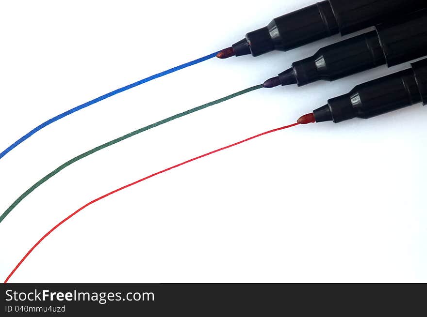 Red, blue and green light line on white paper soft- tip. Red, blue and green light line on white paper soft- tip