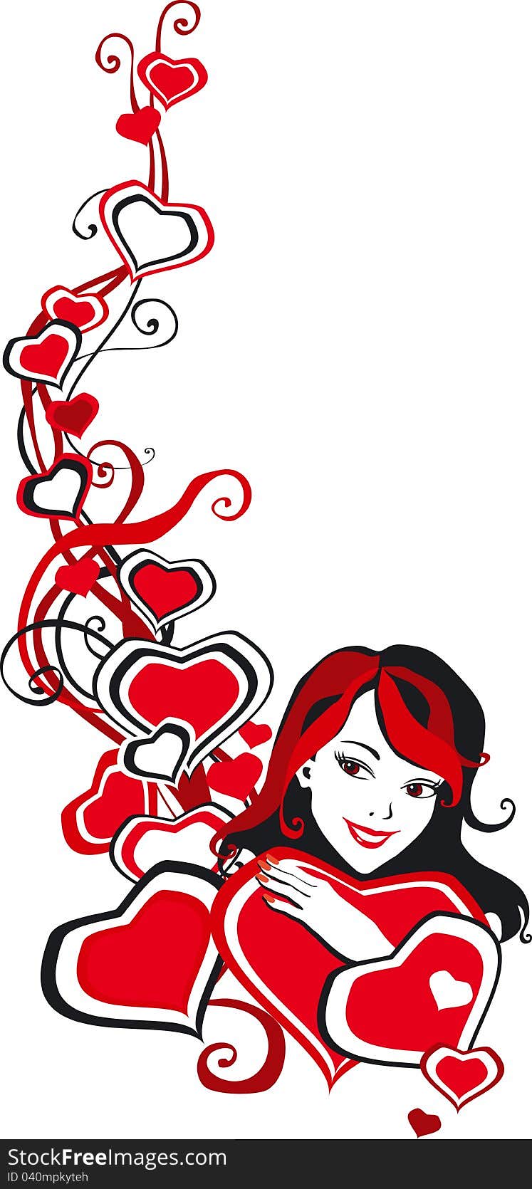 Vector board with hearts, face of pretty girl and curlicues on white  background. Vector board with hearts, face of pretty girl and curlicues on white  background