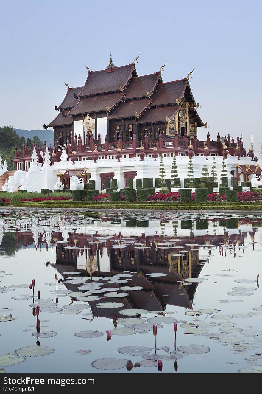 Traditional thai architecture in the Lanna style , Royal Pavilion (Ho Luang) at Royal Flora Ex. Traditional thai architecture in the Lanna style , Royal Pavilion (Ho Luang) at Royal Flora Ex