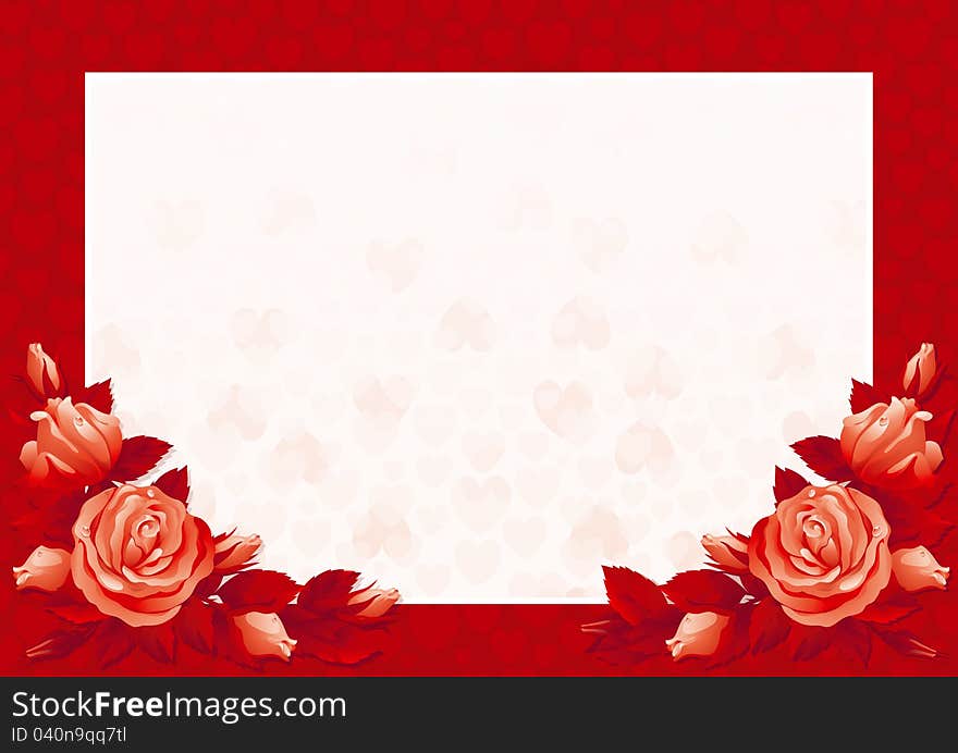 Vector Border with many red roses and hearts on abstract background. Vector Border with many red roses and hearts on abstract background.