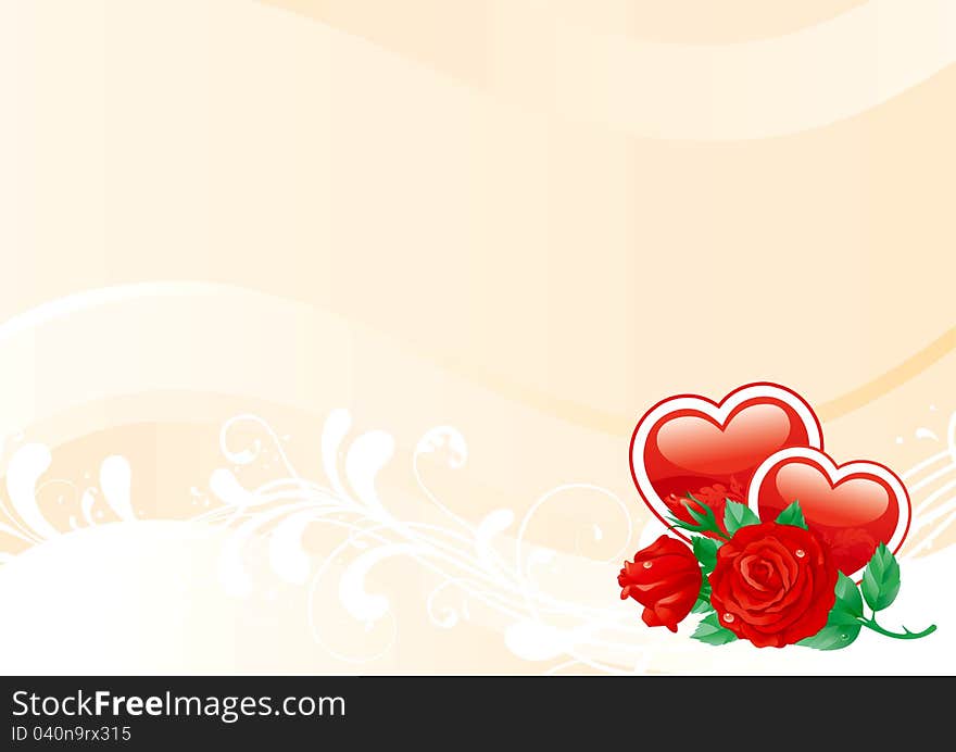 Vector Red roses and two hearts on ornate background. Vector Red roses and two hearts on ornate background.