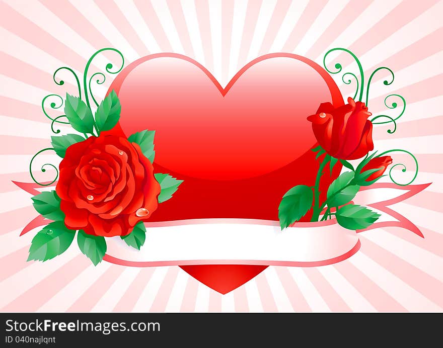 Vector Heart and red roses with ornate elements. Vector Heart and red roses with ornate elements