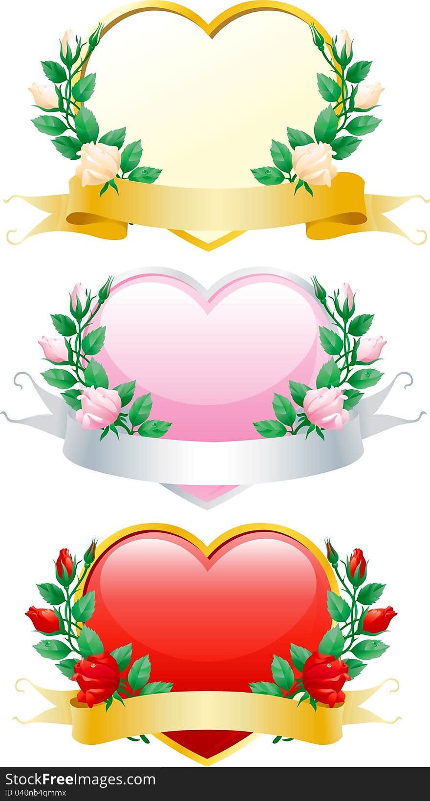 Three Vector hearts with rose wreaths and ribbons. Three Vector hearts with rose wreaths and ribbons.