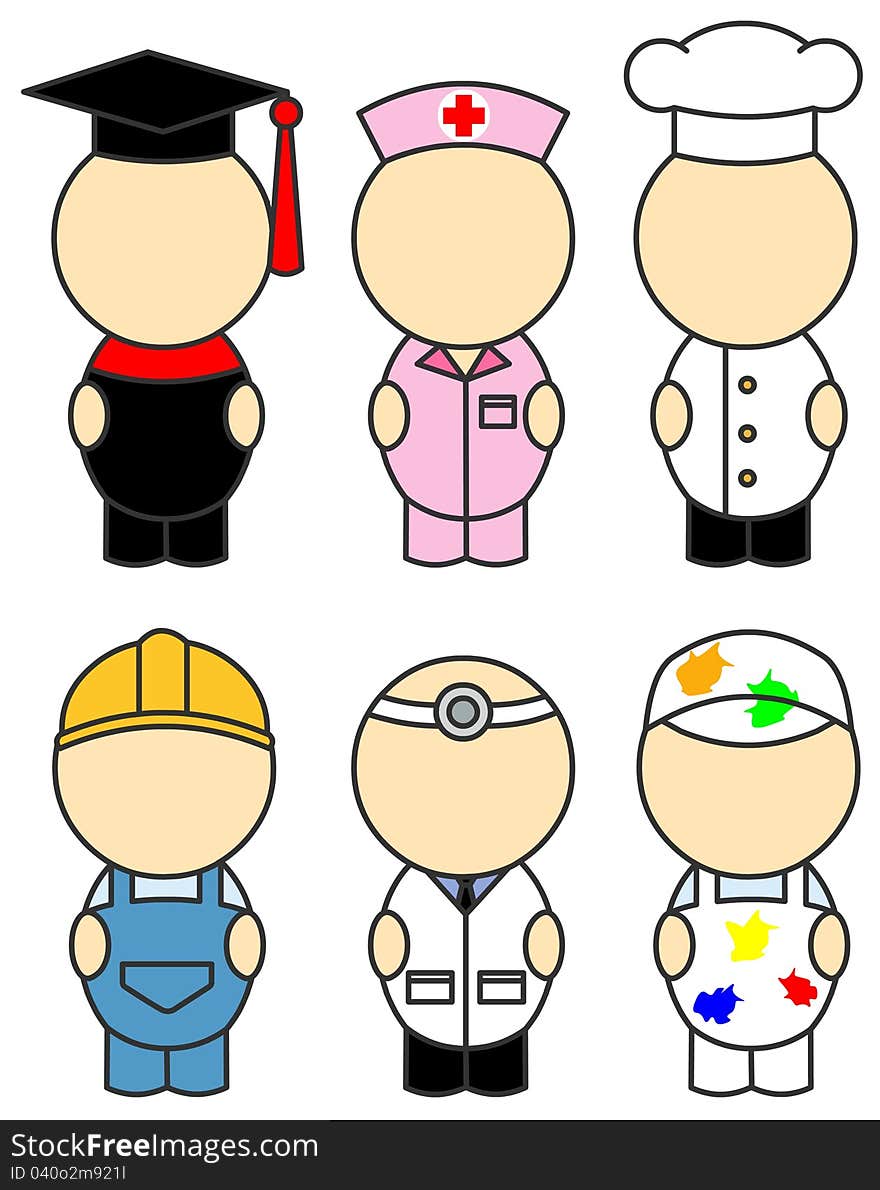 Six different occupation / fancy dress costumes illustrated in a cute form. Six different occupation / fancy dress costumes illustrated in a cute form