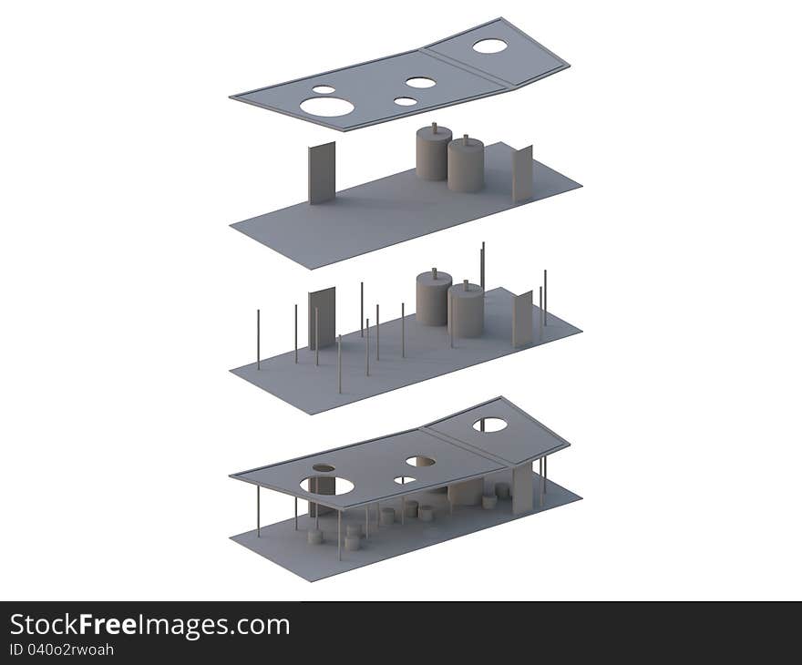 Architecture Exploded in axonometric,a presentation show an elements of architecture.