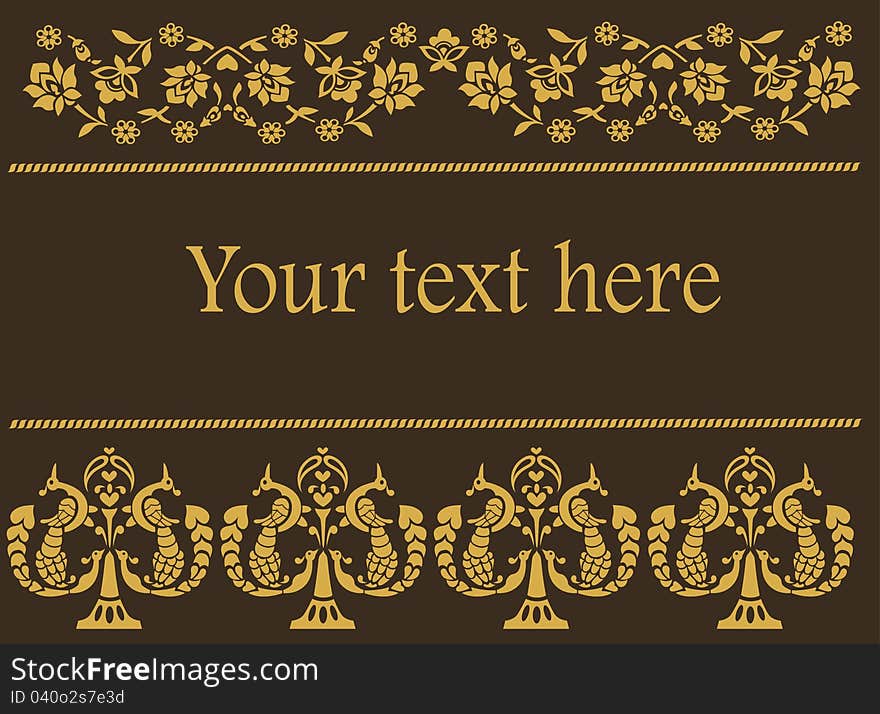 Vector illustration of flower patterns background with birds in golden brown style. Font used Footlight MT Light