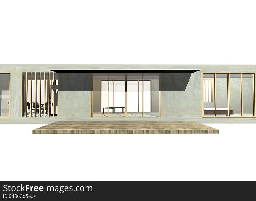 Entrance of housing elevation rendering show a direct approach between inside and outside