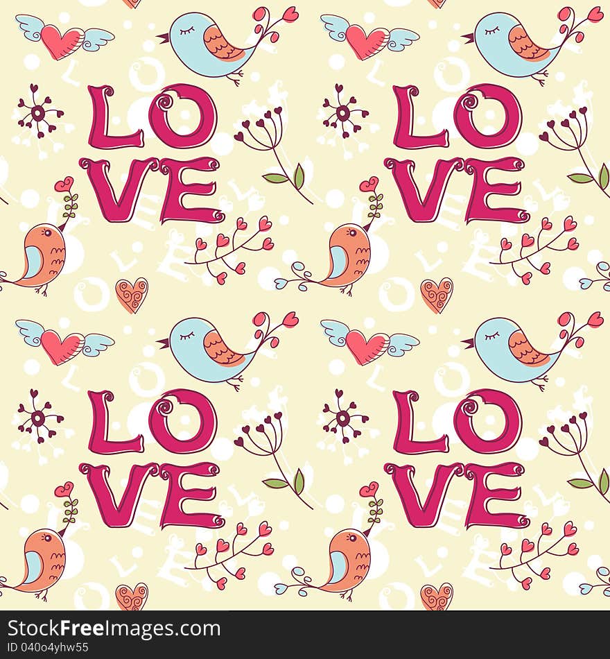 Love Seamless Texture With Flowers And Birds