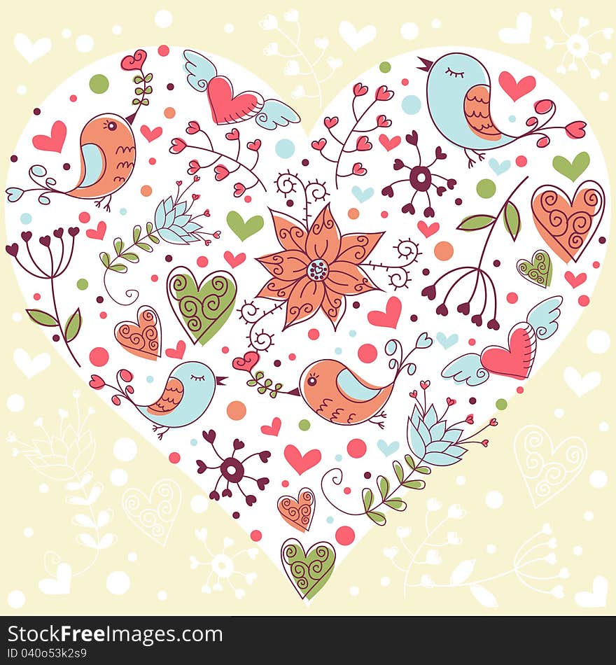 Lovely colorful invitation postcard with big heart, birds and flowers background. Lovely colorful invitation postcard with big heart, birds and flowers background