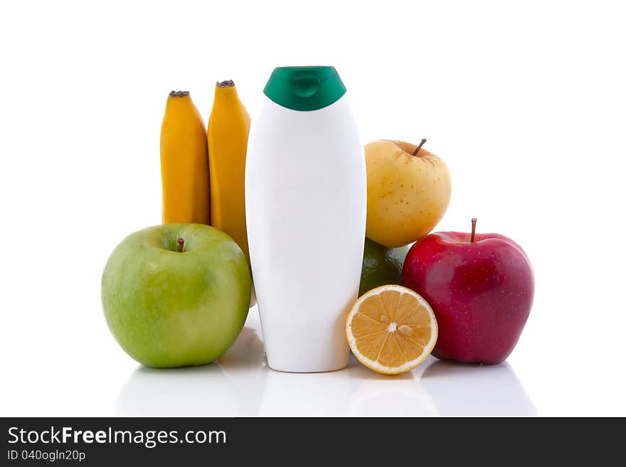 White container with fruits, isolated on white background. White container with fruits, isolated on white background