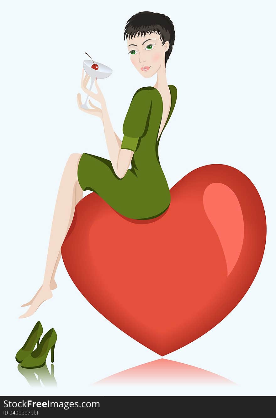 Vector illustration of beautiful sexy brunette girl with drink sitting on heart. Vector illustration of beautiful sexy brunette girl with drink sitting on heart