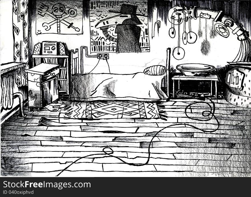 Picture of interior of old room, drawn by a marker and pencil.