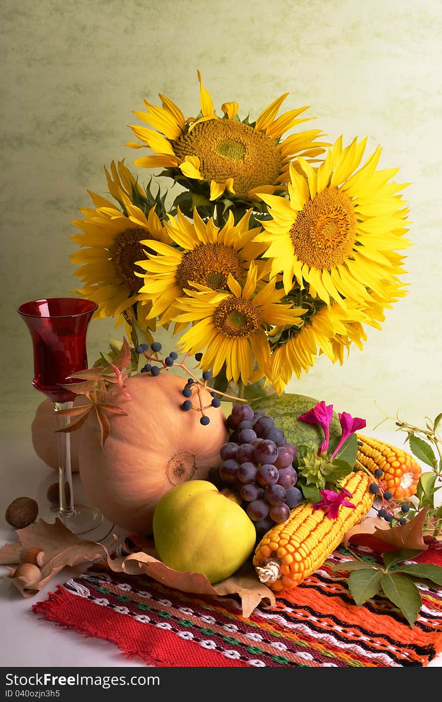 Still, a carafe of sunflower seeds, fruit, texture, background