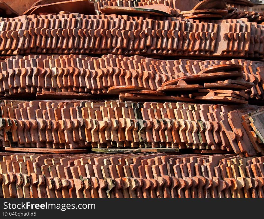 Red Clay Tiles of Thai Roof prepare for build a temple.