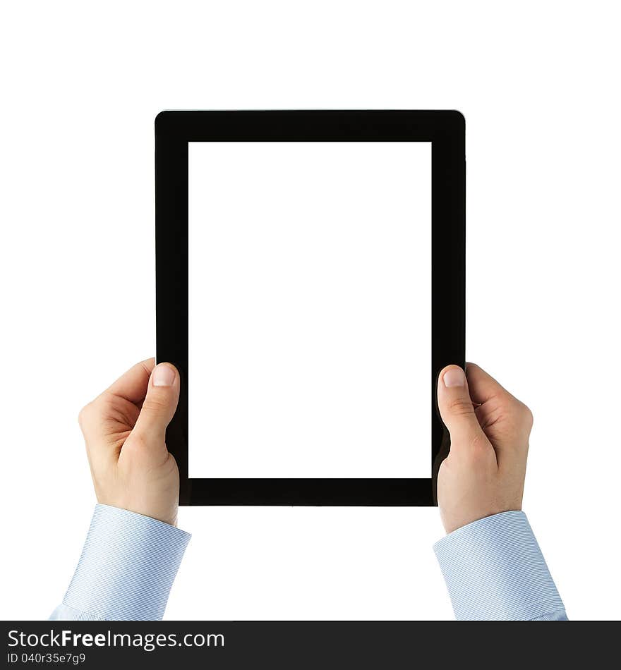 Human hands holding large digital tablet with clipping path. Human hands holding large digital tablet with clipping path