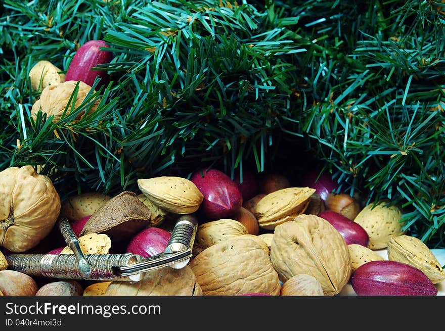 Christmas mixed nuts containing walnuts, pecans, brazil nuts, filbert, hazelnuts. Christmas mixed nuts containing walnuts, pecans, brazil nuts, filbert, hazelnuts