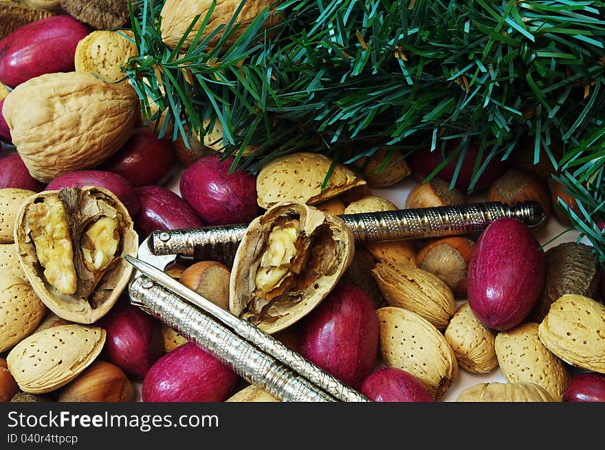 Christmas mixed nuts containing walnuts, pecans, brazil nuts, filbert, hazelnuts. Christmas mixed nuts containing walnuts, pecans, brazil nuts, filbert, hazelnuts