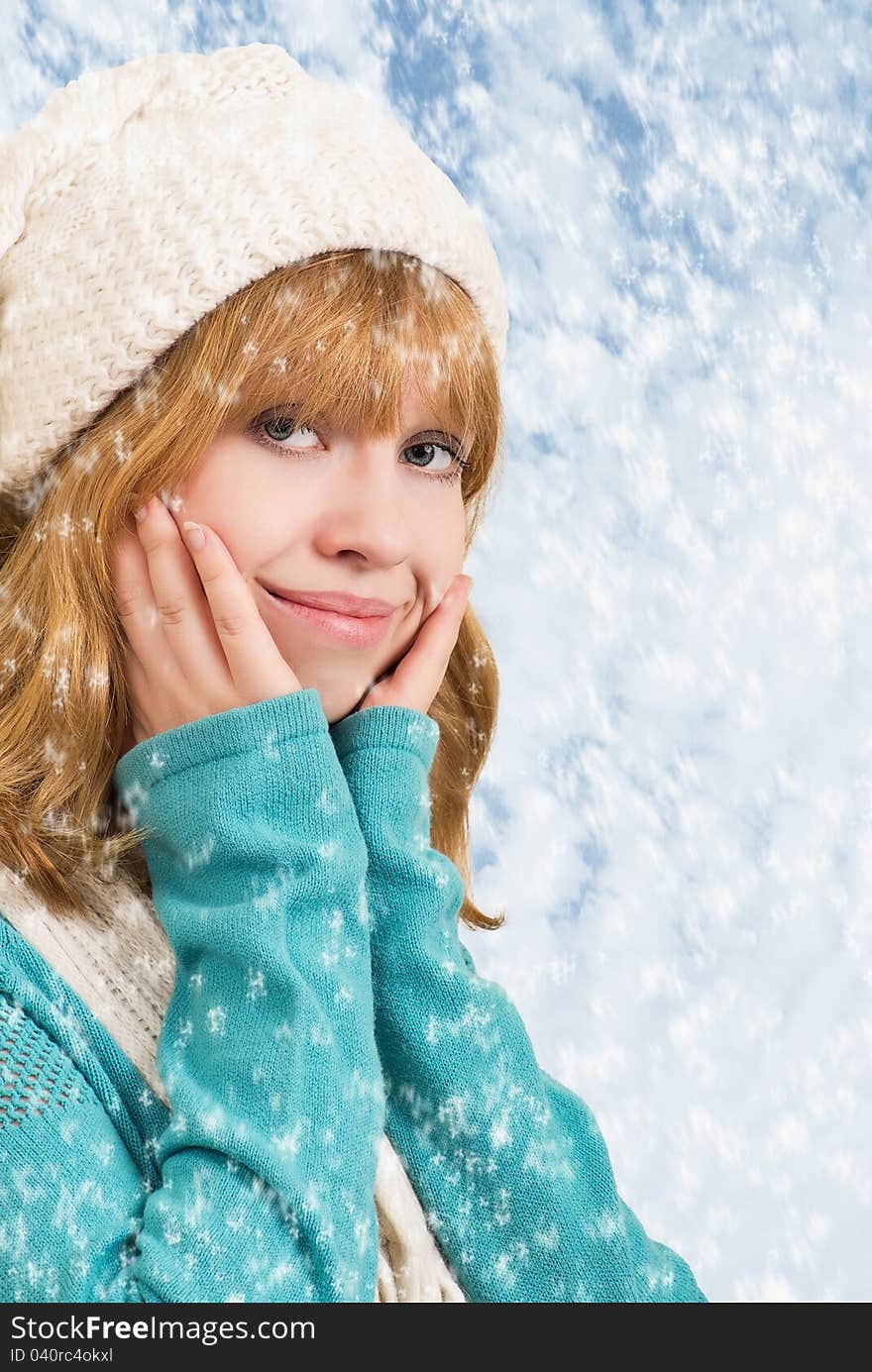 Beautiful blonde girl in winter with snowflakes. Beautiful blonde girl in winter with snowflakes