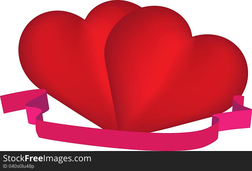 Illustration of red hearts and ribbon isolated on white