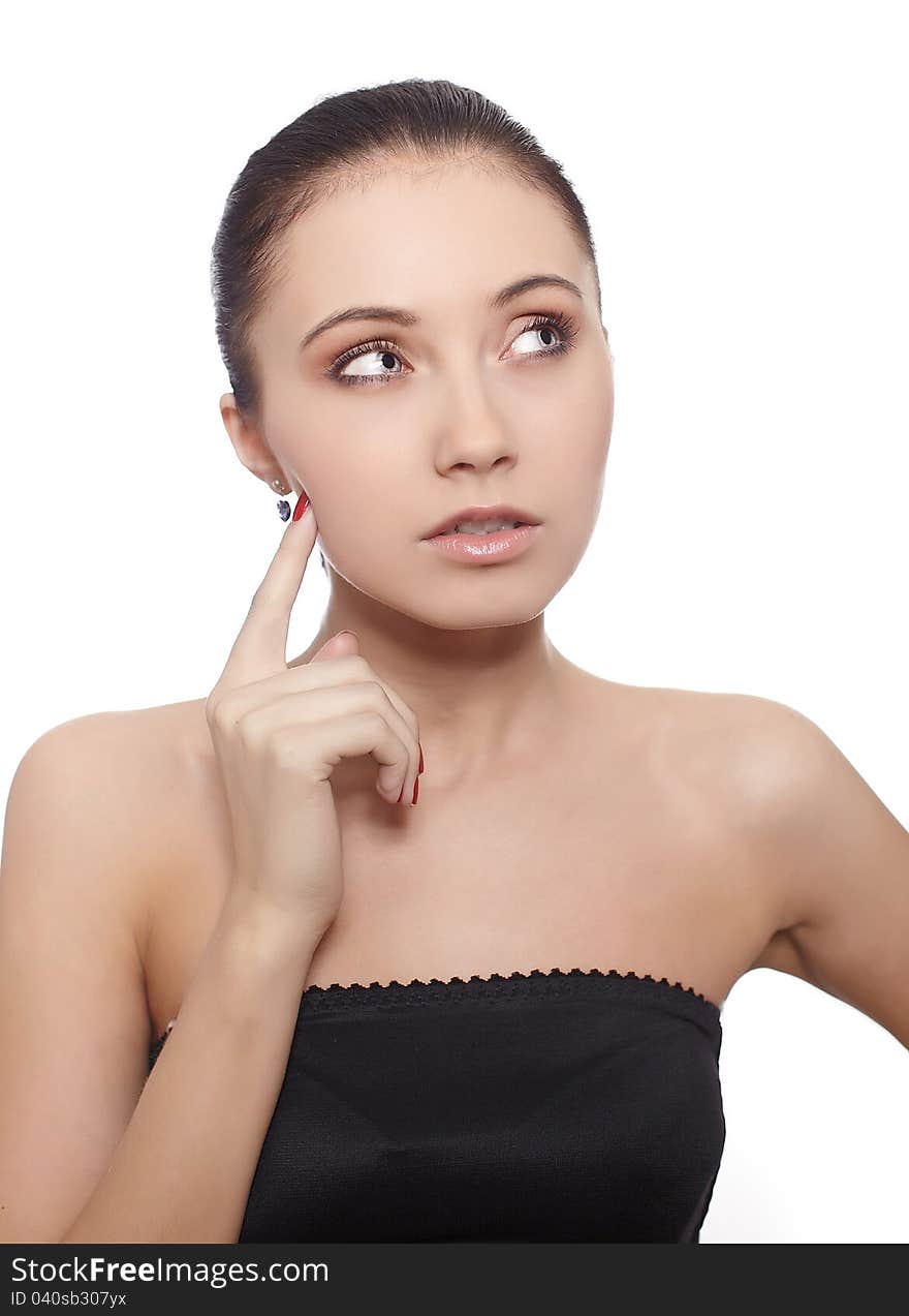 Beautiful thoughtful women looking up - isolated over white. Beautiful thoughtful women looking up - isolated over white