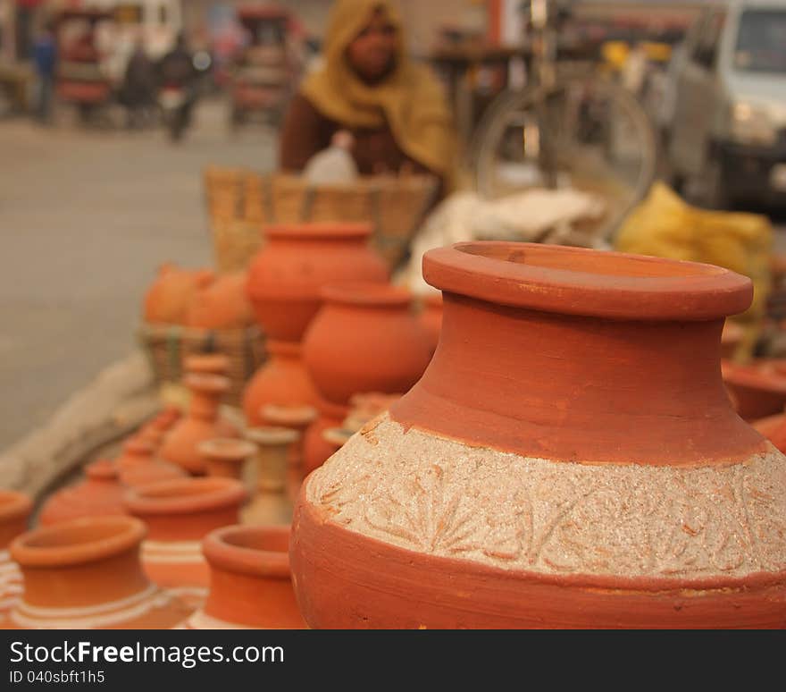 Closeup of indian pottery earthen ware on a street for display and sale. Closeup of indian pottery earthen ware on a street for display and sale