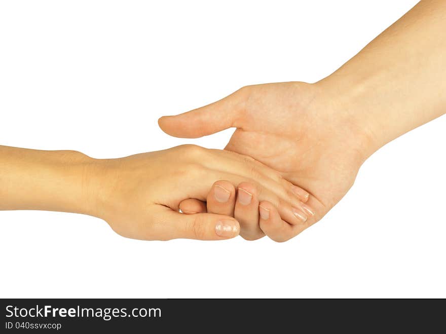 Shaking hands of two people, man and woman, isolated on white. Shaking hands of two people, man and woman, isolated on white.