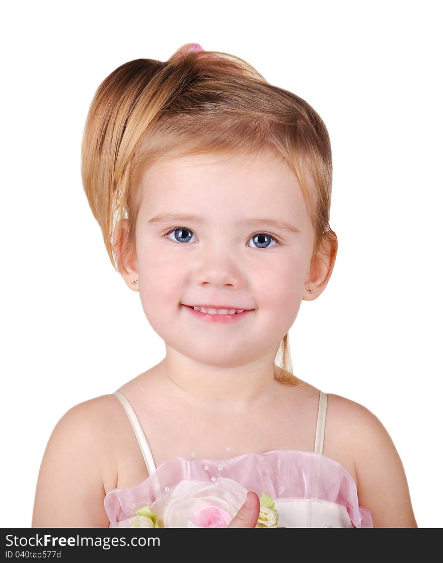 Portrait of beautiful little girl on white background