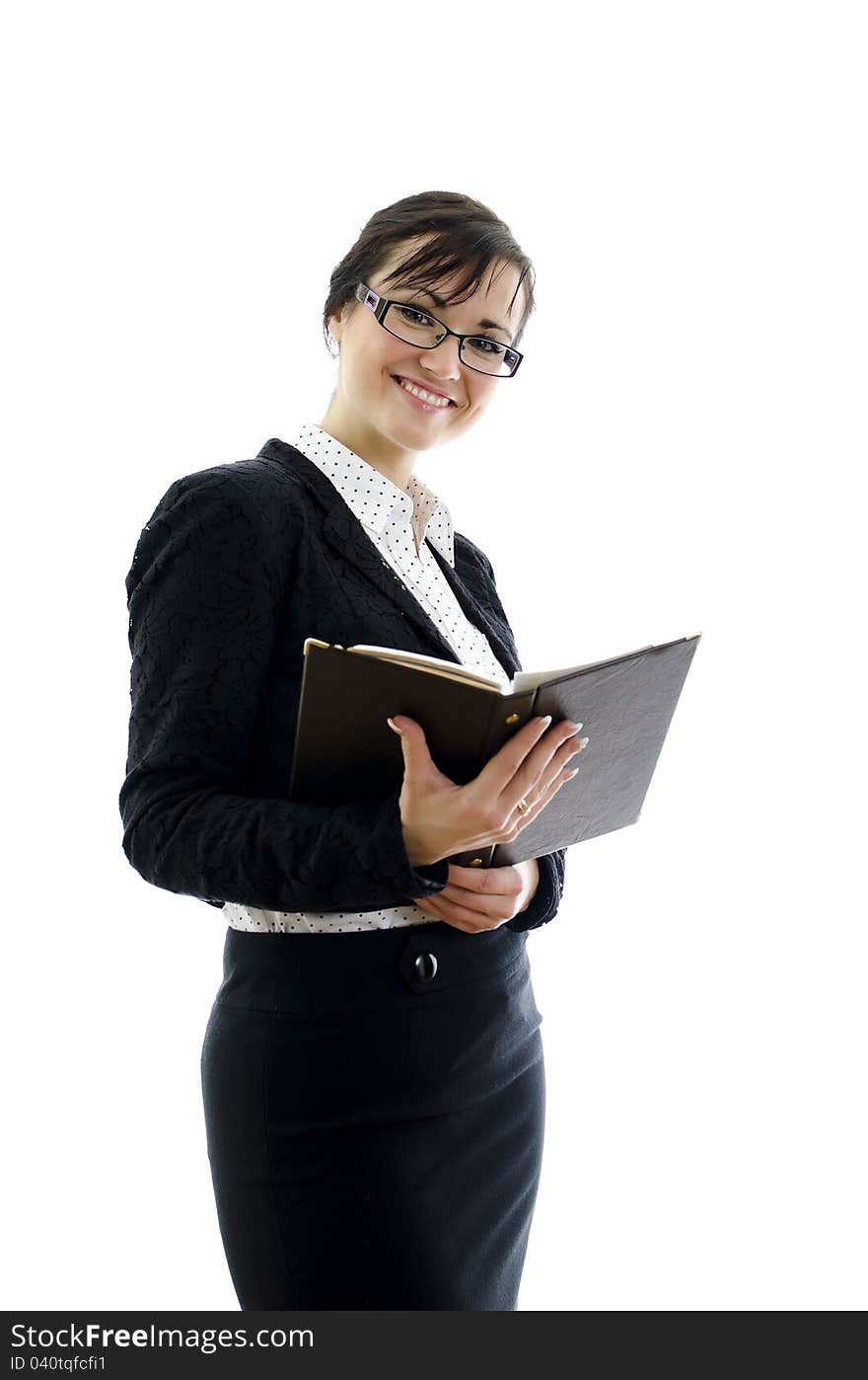 Business woman in glasses and notepad isolated on white