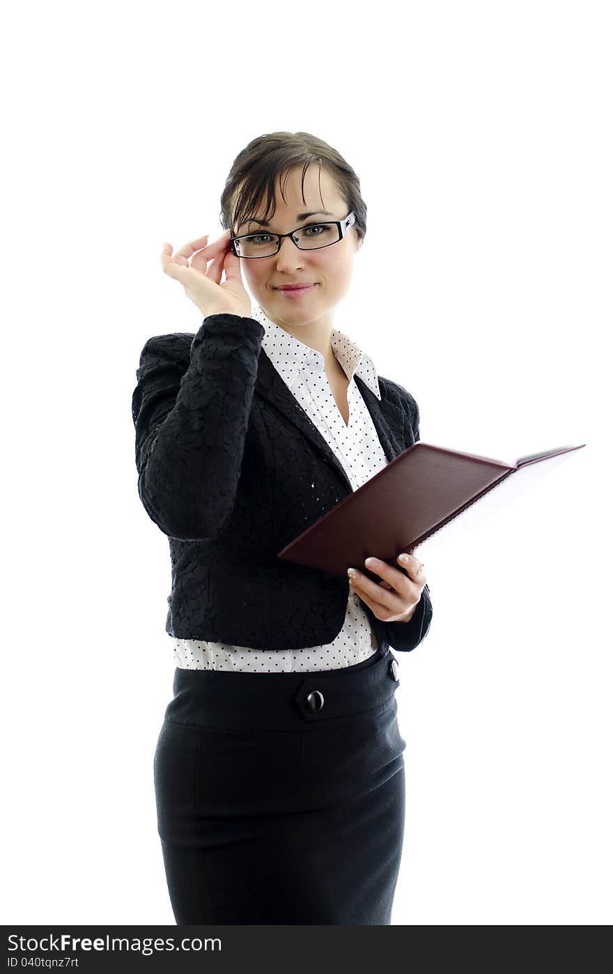 Business woman in glasses and notepad isolated on white