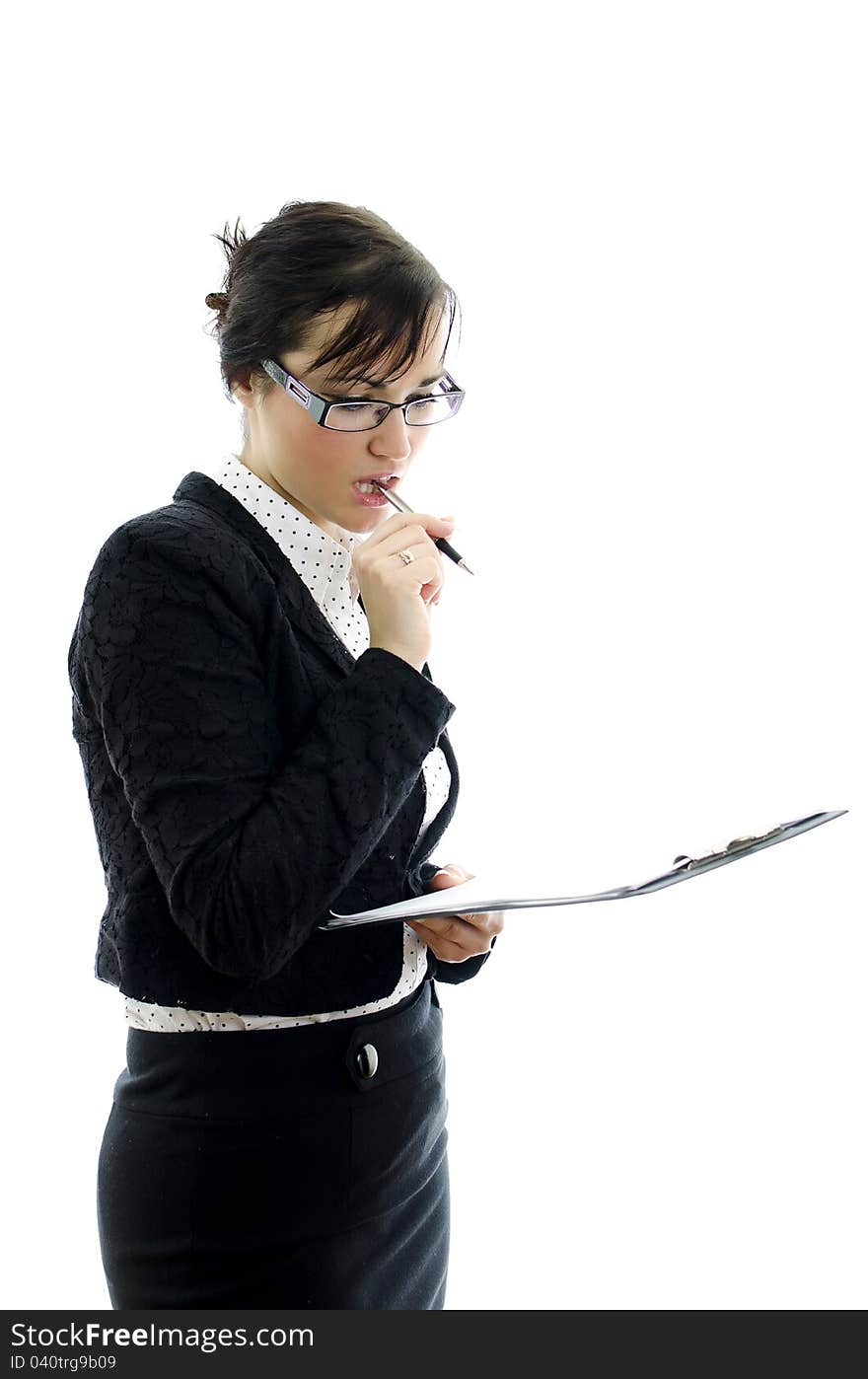 Business woman in glasses and notepad thinking, isolated on white. Business woman in glasses and notepad thinking, isolated on white