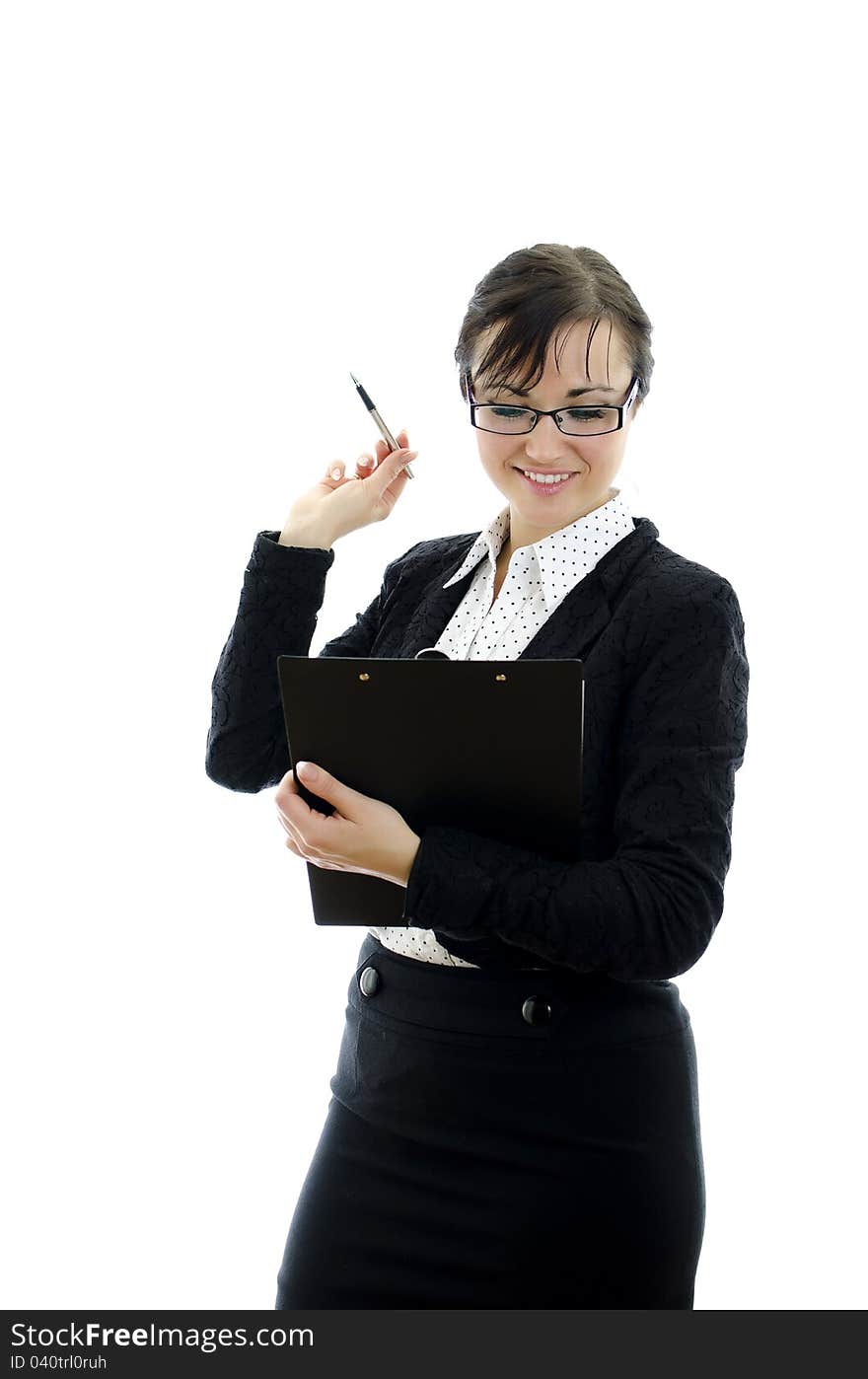 Business woman in glasses pointing at copyspace, isolated on white