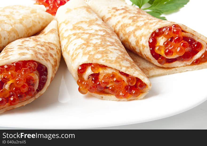 Pancakes with red caviar