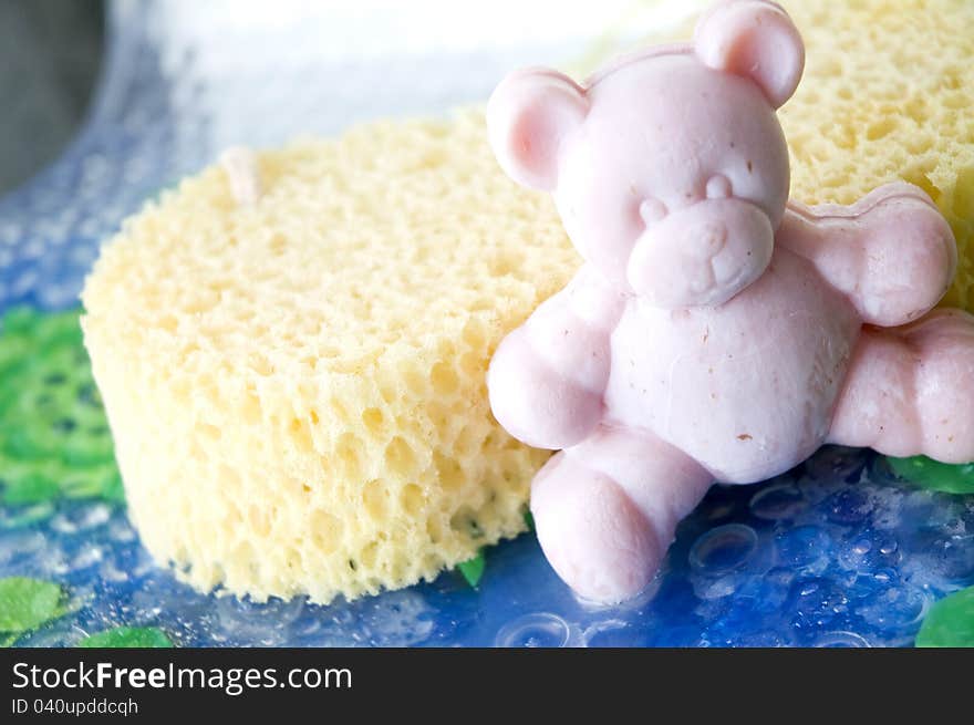 Pink teddy bear soap with sponge on bathtime