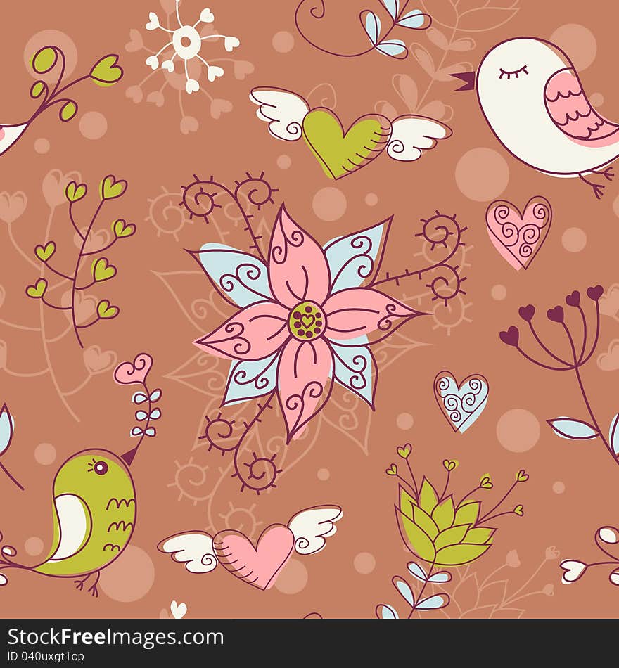 Love Seamless Texture With Flowers And Birds