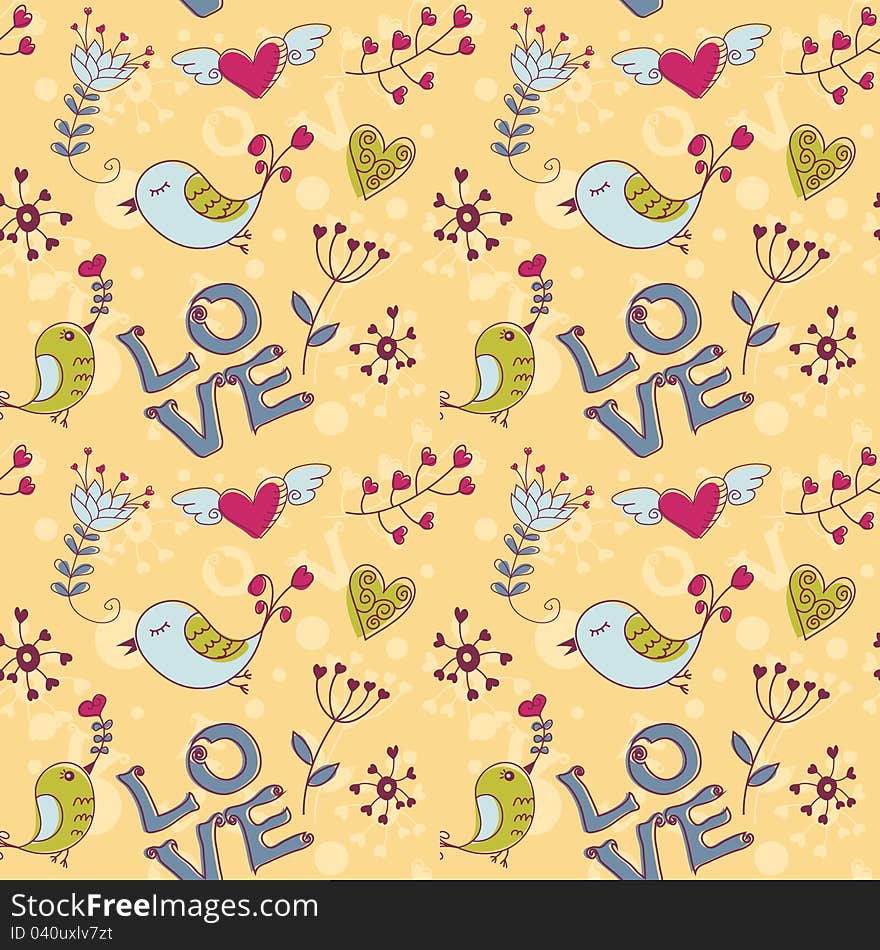 Love seamless texture with flowers and birds, endless floral pattern.