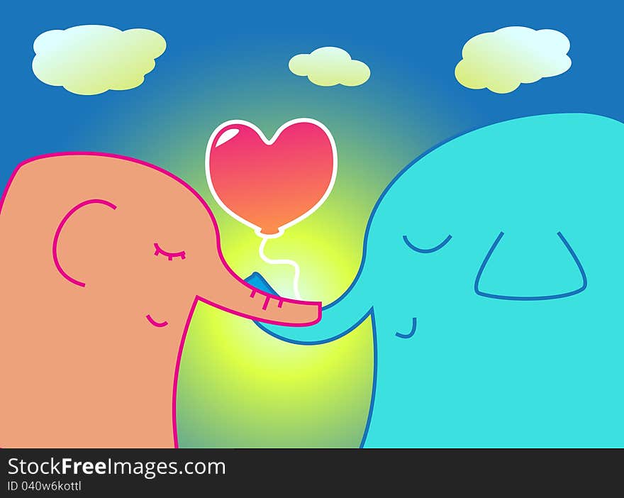 Two romantic elephants holding a heart-shaped balloon in their trunks. Two romantic elephants holding a heart-shaped balloon in their trunks