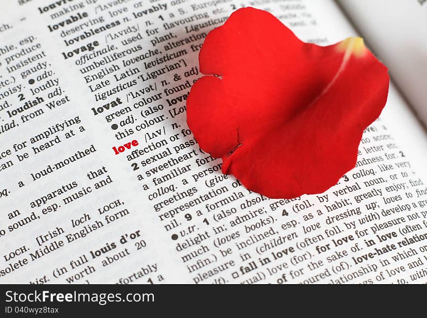 Image of a book with red petal on a valentines day