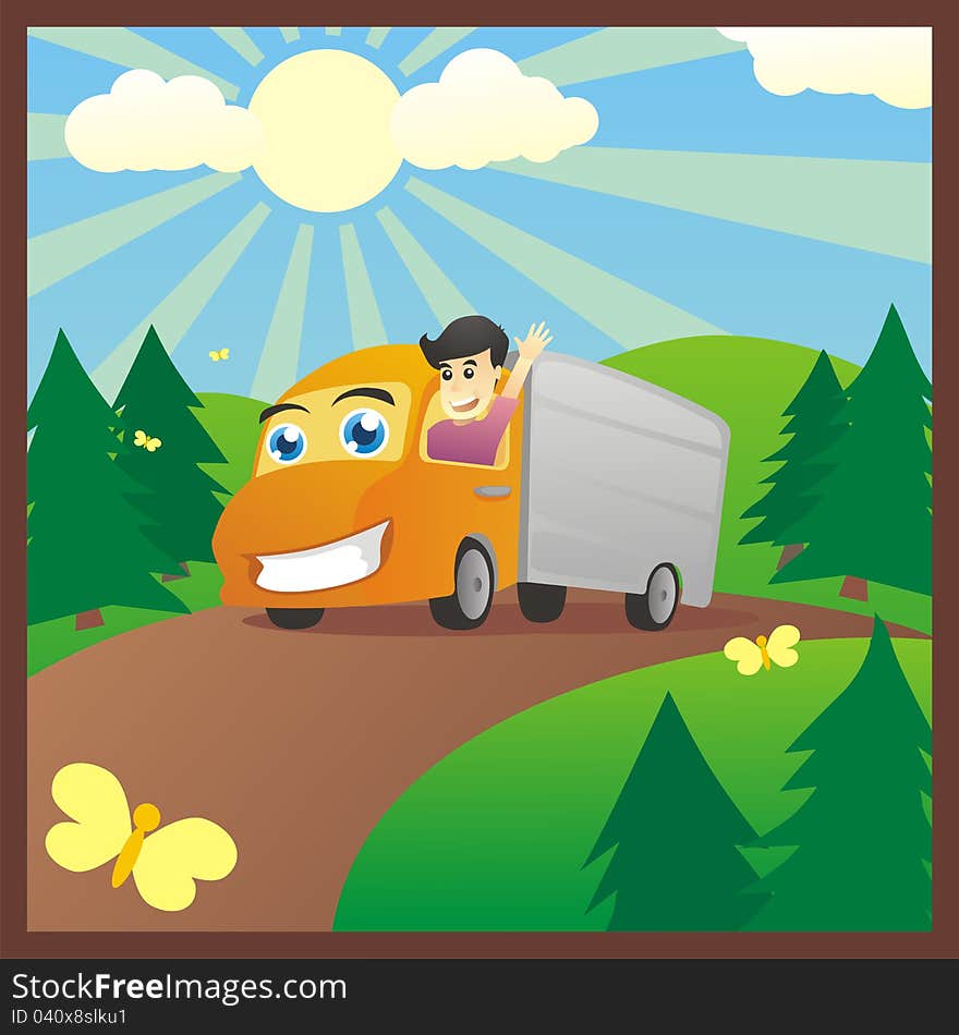 An illustration of a boy driving his cargo along hill. An illustration of a boy driving his cargo along hill.