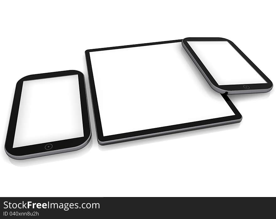 Tablet and smart phones on white background