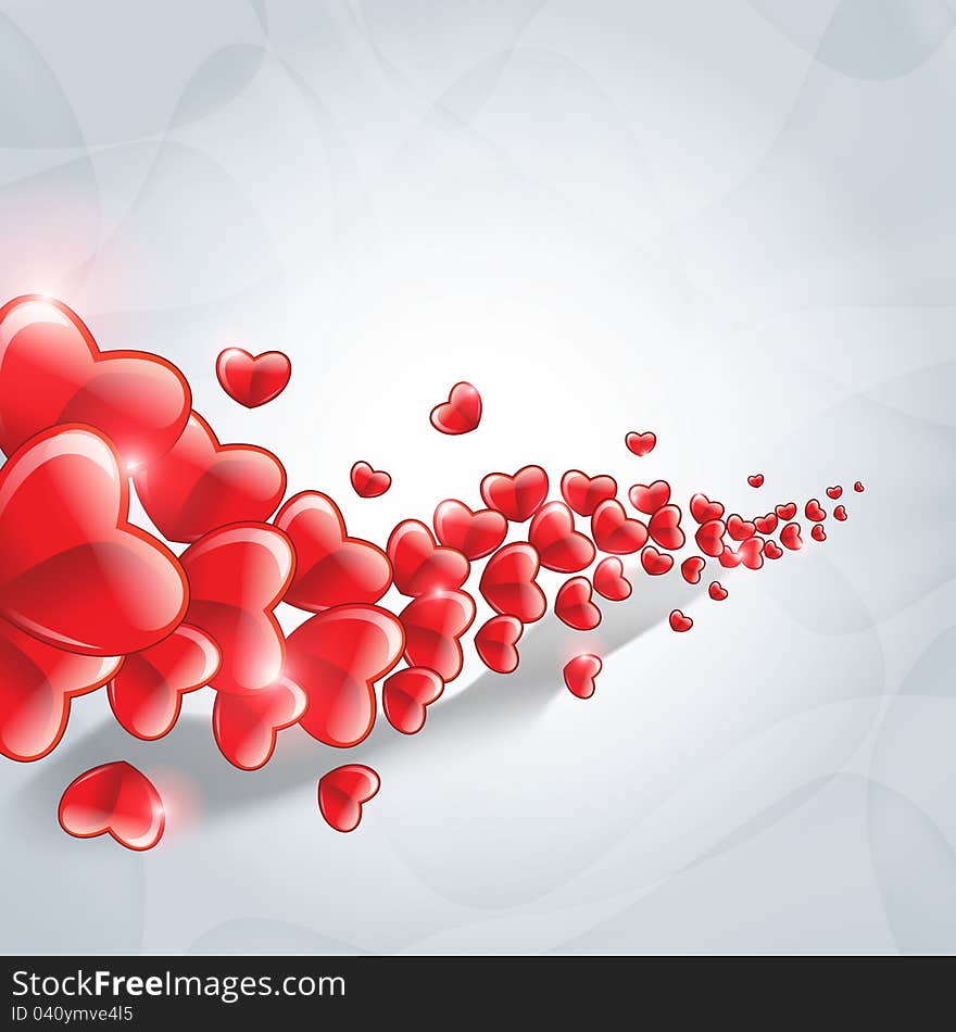 Group of glass red hearts as a wave on the abstract blue background. Group of glass red hearts as a wave on the abstract blue background