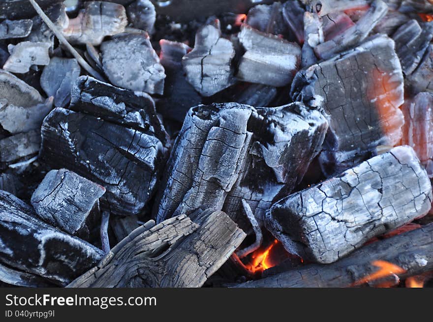 Red burning firewood of campfire