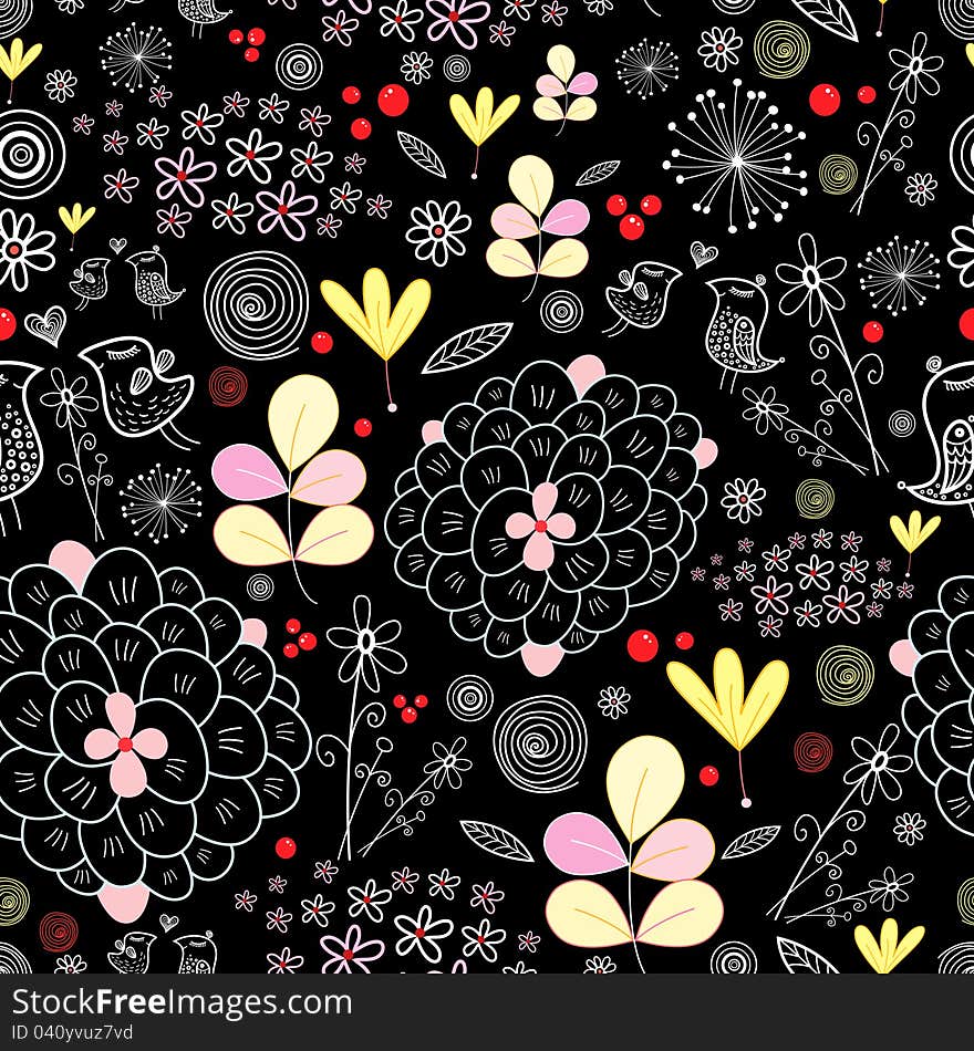 Seamless bright graphic pattern with birds on a black background. Seamless bright graphic pattern with birds on a black background