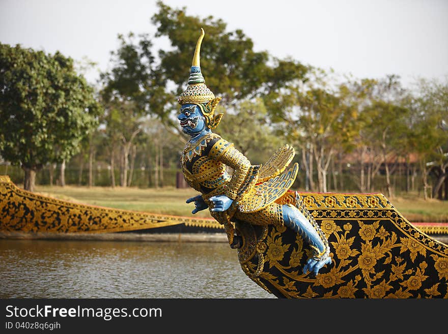 Human-birded warship floats on the river