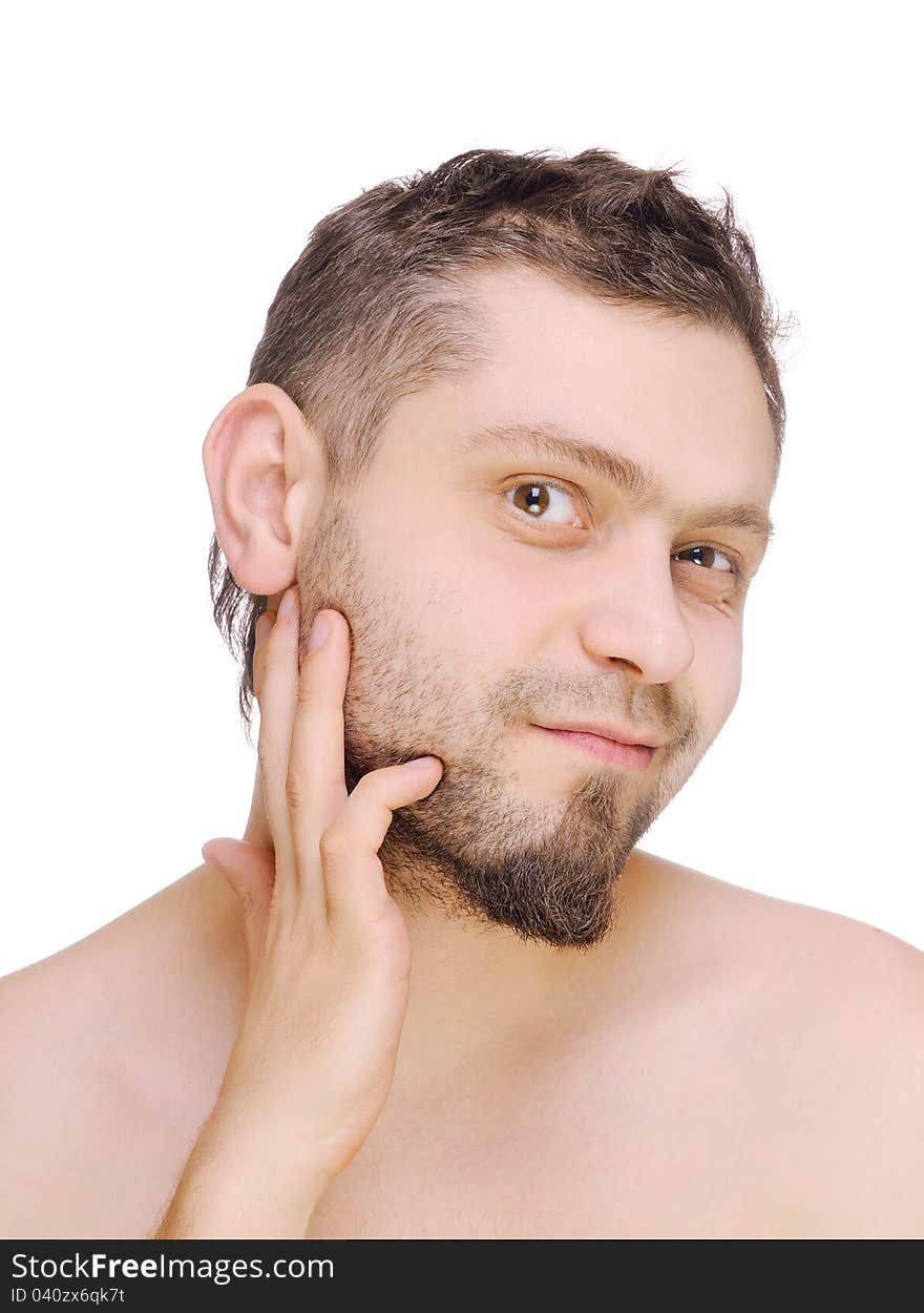 Men looking beard before shaving. Isolated on white. Men looking beard before shaving. Isolated on white.