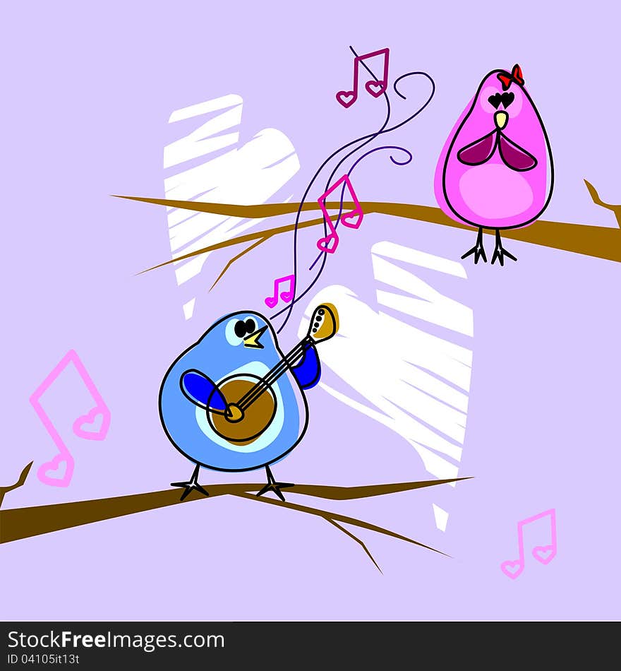 Illustration of a cartoon birds couple fall in love. Illustration of a cartoon birds couple fall in love