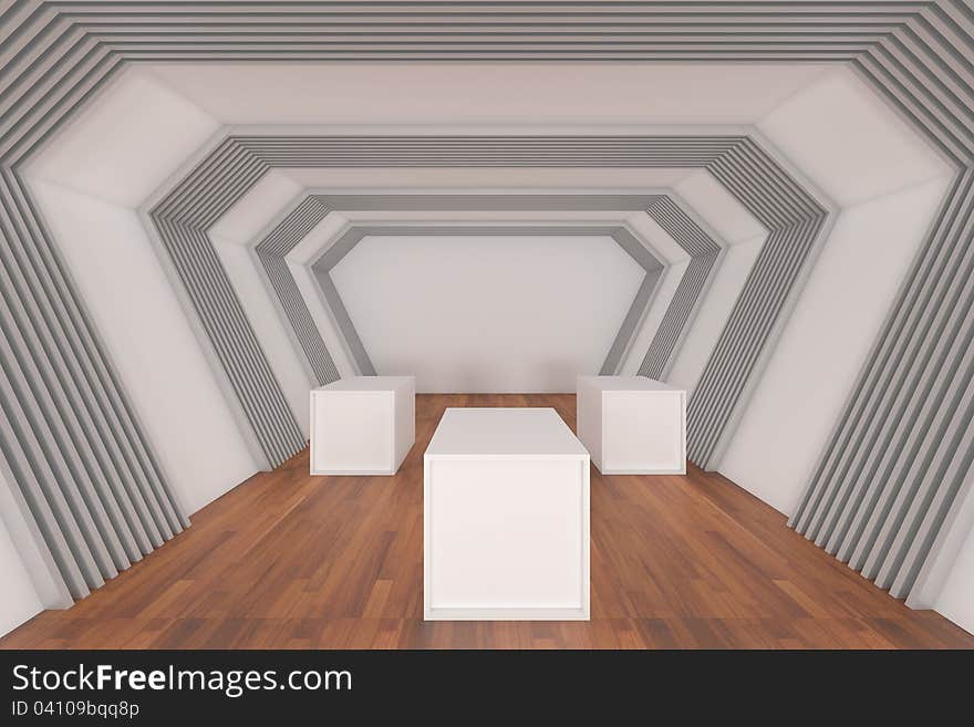 Hall Ways Room with Blank Boxes,. Empty Room decorated with abstract wall and wood floor