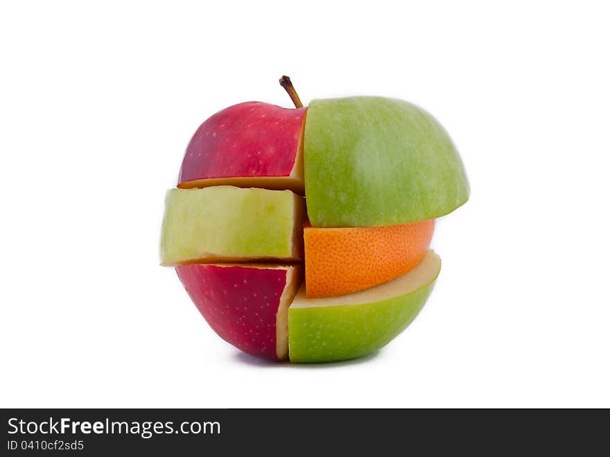 Red and green apples, grapefruit cut and combined by layers, isolated on white background. Red and green apples, grapefruit cut and combined by layers, isolated on white background