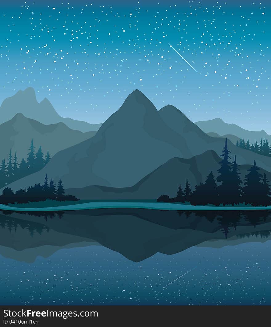 Vector night landscape with mountains, lake and forest on a starry sky background