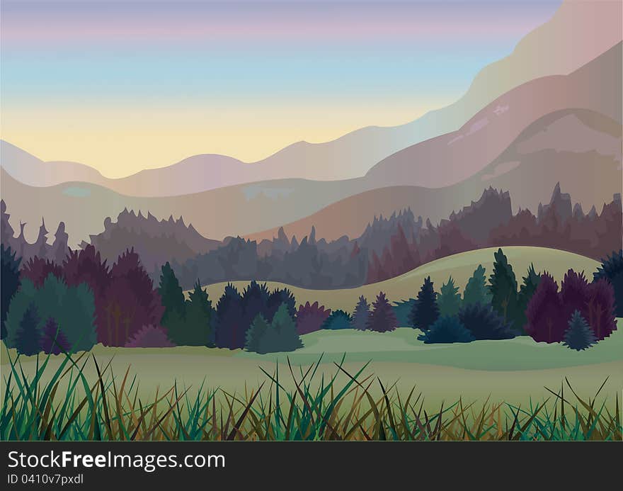 Autumn landscape with meadow, forest and mountains on a sky background. Autumn landscape with meadow, forest and mountains on a sky background