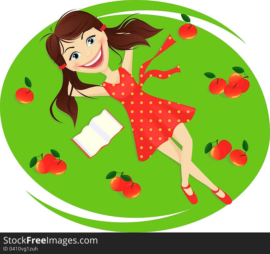 Girl lying on the grass with apples and book. Girl lying on the grass with apples and book